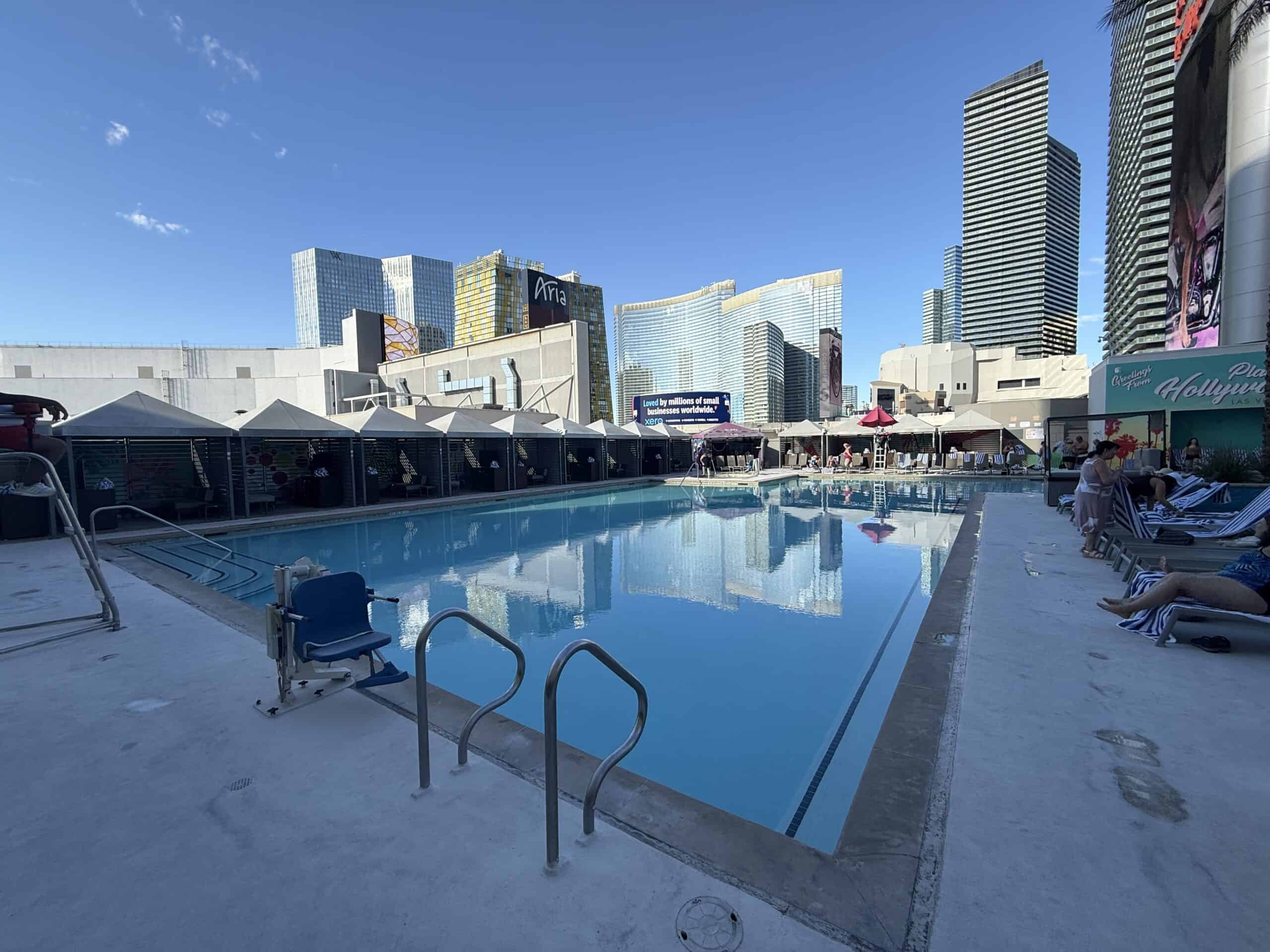 Another angle of the pool, which shows surrounding Strip resorts like The Cosmopolitan.