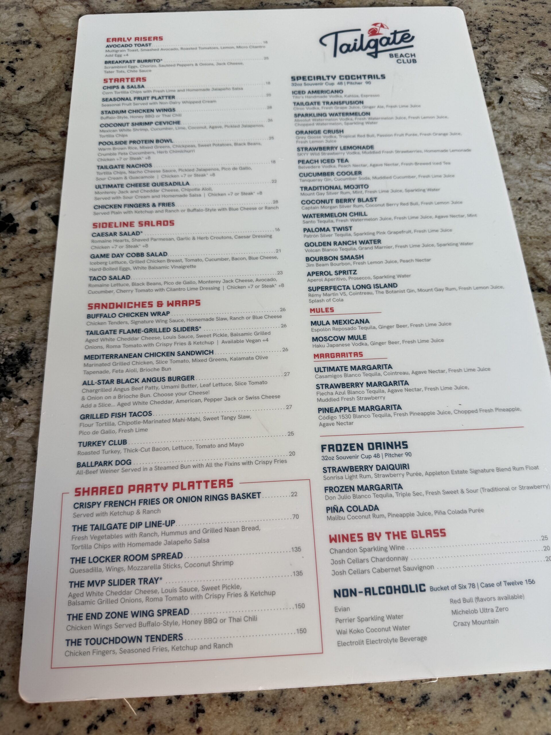 The drink menu at Tailgate Beach Club.