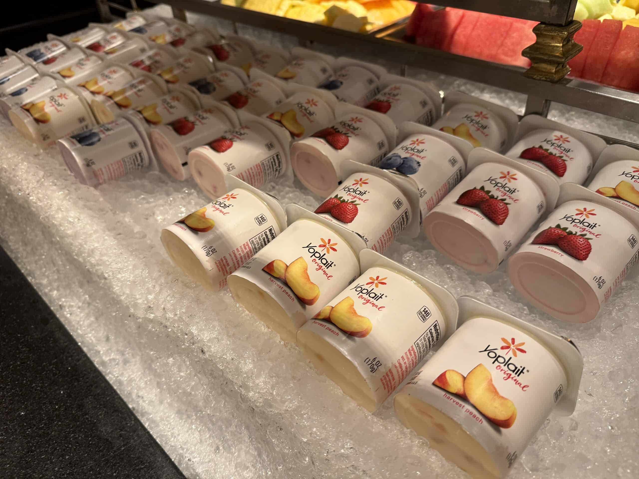Yoplait yogurt lined up on a bed of ice.